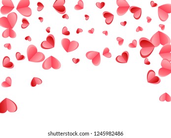 Heart confetti flying on white background. Wedding card vector backdrop. Red rose folded paper cut hearts. Romantic mood elements. Little flying confetti print design.
