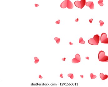 Heart confetti flying on white background. Women's Day postcard vector backdrop. Red and pink folded paper hearts. Couple relations symbols. Holiday decor elements vector design.