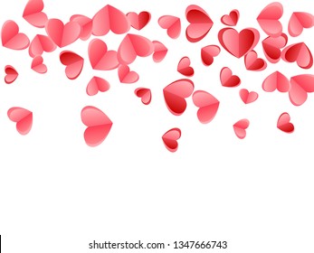 Heart confetti flying on white background. Wedding invitation vector backdrop. Red and pink folded paper hearts. Sweet love symbols. Elegant flying confetti print design.