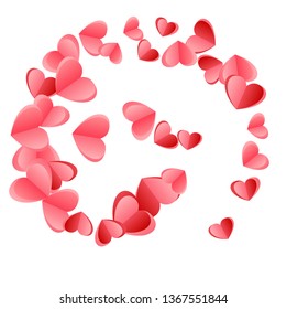 Heart confetti flying on white background. Wedding card vector backdrop. Red and crimson folded paper hearts. Romantic mood symbols. Elegant flying confetti print.