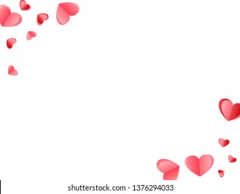 Heart confetti flying on white background. February 14th vector backdrop. Red and crimson folded paper cut hearts. Friendship symbols. Fancy decor graphic design.