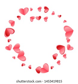 Heart confetti flying on white background. Women's Day postcard vector backdrop. Red and crimson folded paper cut hearts. Romantic mood symbols. Fancy random flying confetti.