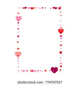 heart confetti frame or border, Background for Valentine's day, isolated on white, vector illustration with red hearts flying, Love symbols border for 14 February