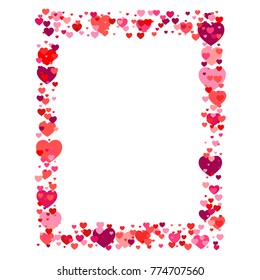 heart confetti frame or border, Background for Valentine's day, isolated on white, vector illustration with red hearts flying, Love symbols border for 14 February