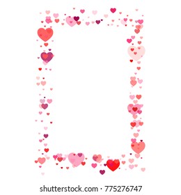 heart confetti frame or border, Background for Valentine's day, isolated on white, vector illustration with red hearts flying, Love symbols border for 14 February