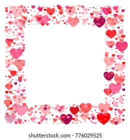 heart confetti frame or border, Background for Valentine's day, isolated on white, vector illustration with red hearts flying, Love symbols border for 14 February