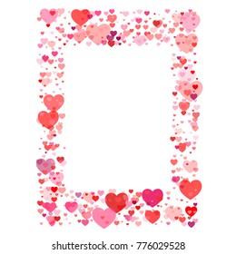 heart confetti frame or border, Background for Valentine's day, isolated on white, vector illustration with red hearts flying, Love symbols border for 14 February