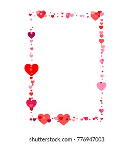 heart confetti frame or border, Background for Valentine's day, isolated on white, vector illustration with red hearts flying, Love symbols border for 14 February