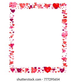 heart confetti frame or border, Background for Valentine's day, isolated on white, vector illustration with red hearts flying, Love symbols border for 14 February