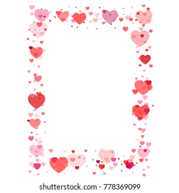 heart confetti frame or border, Background for Valentine's day, isolated on white, vector illustration with red hearts flying, Love symbols border for 14 February