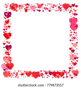 heart confetti frame or border, Background for Valentine's day, isolated on white, vector illustration with red hearts flying, Love symbols border for 14 February