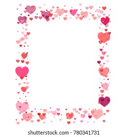 heart confetti frame or border, Background for Valentine's day, isolated on white, vector illustration with red hearts flying, Love symbols border for 14 February