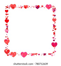 heart confetti frame or border, Background for Valentine's day, isolated on white, vector illustration with red hearts flying, Love symbols border for 14 February
