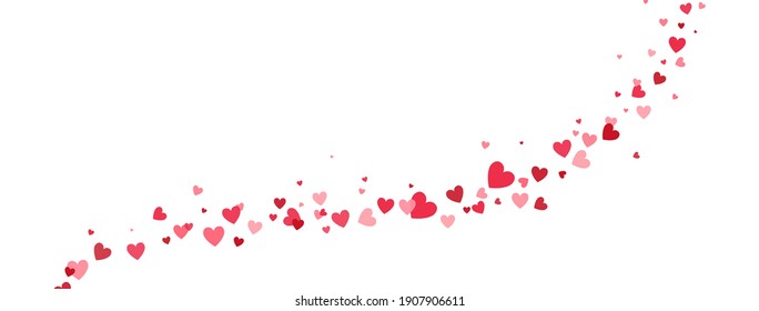 Heart confetti frame wave. Bright pink hearts falling on long border. Celebration banner. Valentines Day background for greeting cards, wedding invitation, gift packages. Vector illustration.