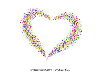 Heart confetti isolated white background. Fall color confetti, heart-shape. Valentine day holiday, romantic wedding border card. Valentines decoration frame. Greeting love design Vector illustration