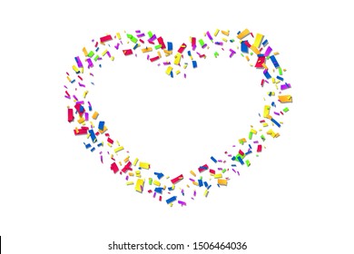 Heart confetti isolated white background. Fall color confetti, heart-shape. Valentine day holiday, romantic wedding border card. Valentines decoration frame. Greeting love design Vector illustration