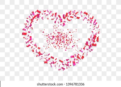 Heart confetti isolated white transparent background. Fall red confetti, heart-shape. Valentine day holiday, romantic wedding border card. Valentines decoration frame Love design Vector illustration