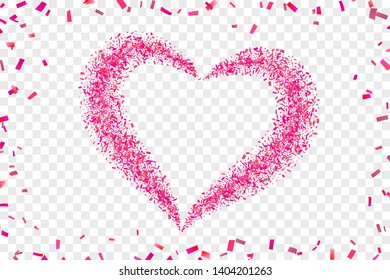 Heart confetti isolated white transparent background. Fall red confetti, heart-shape. Valentine day holiday, romantic wedding border card. Valentines decoration frame Love design Vector illustration