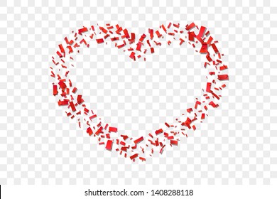 Heart confetti isolated white transparent background. Fall red confetti, heart-shape. Valentine day holiday, romantic wedding border card. Valentines decoration frame Love design Vector illustration