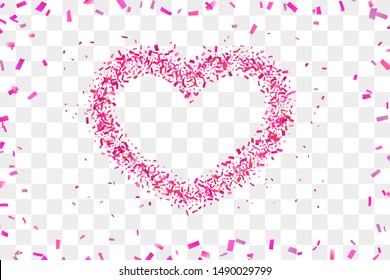 Heart confetti isolated white transparent background. Fall red confetti, heart-shape. Valentine day holiday, romantic wedding border card. Valentines decoration frame Love design Vector illustration