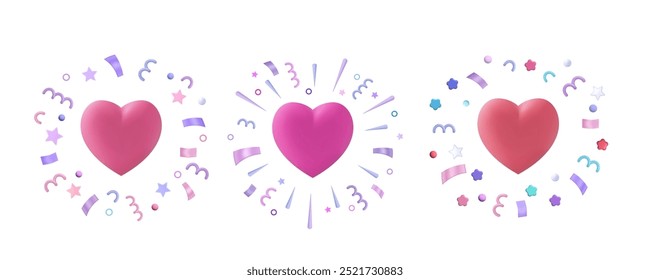 Heart with confetti. Multi-colored flying ribbons and stars in a round frame. Falling bright fireworks. Festive romantic symbol of love, birthday, wedding. Set of pink hearts 3D. Vector illustration.