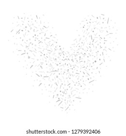 Heart from confetti on isolated white. Holiday background from geometric elements. Festive pattern for banners, posters and flyers. Doodle for design and business. Black and white illustration