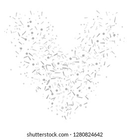 Heart from confetti on isolated white. Holiday background from geometric elements. Festive pattern for banners, posters and flyers. Doodle for design and business. Black and white illustration