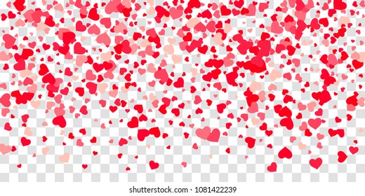 The heart of confetti in red and pink color is beautifully falling chaotically against the background. Template for posters, posters, postcards, invitations. Valentine's Day. Vector illustration