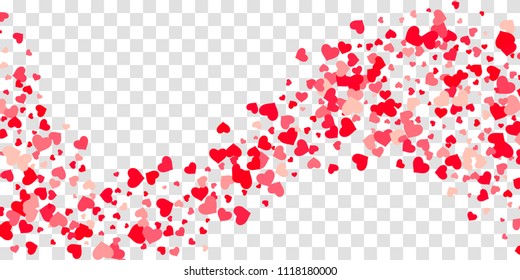 The heart of confetti in red and pink color is beautifully falling chaotically against the background. Template for posters, posters, postcards, invitations. Valentine's Day. Vector illustration