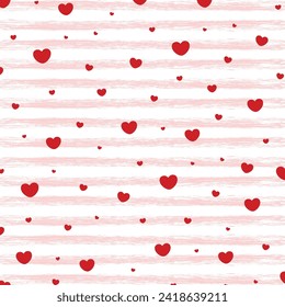 Heart confetti seamless pattern on striped background. Valentine day striped background. Graphic horizontal stripes seamless pattern. Valentine day Pattern 