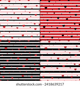 Heart confetti seamless pattern on striped background. Valentine day striped background. Graphic horizontal stripes seamless pattern. Valentine day Pattern 