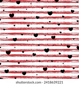 Heart confetti seamless pattern on striped background. Valentine day striped background. Graphic horizontal stripes seamless pattern. Valentine day Pattern 