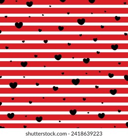 Heart confetti seamless pattern on striped background. Valentine day striped background. Graphic horizontal stripes seamless pattern. Valentine day Pattern 