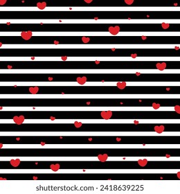 Heart confetti seamless pattern on striped background. Valentine day striped background. Graphic horizontal stripes seamless pattern. Valentine day Pattern 