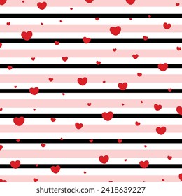 Heart confetti seamless pattern on striped background. Valentine day striped background. Graphic horizontal stripes seamless pattern. Valentine day Pattern 