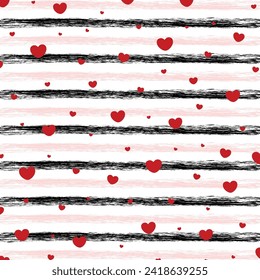Heart confetti seamless pattern on striped background. Valentine day striped background. Graphic horizontal stripes seamless pattern. Valentine day Pattern 