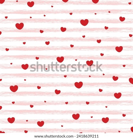 Heart confetti seamless pattern on striped background. Valentine day striped background. Graphic horizontal stripes seamless pattern. Valentine day Pattern 