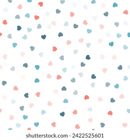 Heart confetti seamless vector pattern. Love watercolor background, for Valentine's day. Red, pink and rose hearts flying, for 14 February