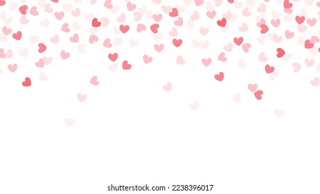 Heart confetti shower with copyspace. Wedding invitation template. Pink hearts confetti falling.