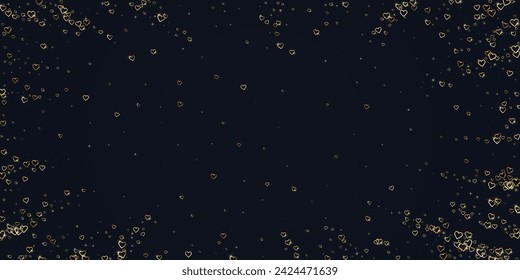 Heart confetti valentine overlay.  Gold hearts scattered on black background. Joyfull heart confetti vector illustration