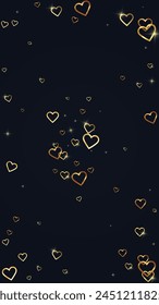 Heart confetti valentine overlay.  Gold hearts scattered on black background. Joyfull heart confetti vector illustration
