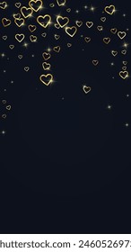 Heart confetti valentine overlay.  Gold hearts scattered on black background. Joyfull heart confetti vector illustration