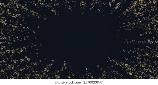 Heart confetti valentine overlay. Gold hearts scattered on black background. Joyfull heart confetti vector illustration