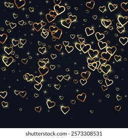 Heart confetti valentine overlay.  Gold hearts scattered on black background. Joyfull heart confetti vector illustration