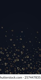 Heart confetti valentine overlay.  Gold hearts scattered on black background. Joyfull heart confetti vector illustration