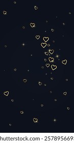 Heart confetti valentine overlay.  Gold hearts scattered on black background. Joyfull heart confetti vector illustration