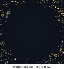 Heart confetti valentine overlay.  Gold hearts scattered on black background. Joyfull heart confetti vector illustration