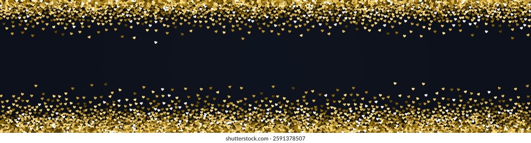 Heart confetti valentine overlay.  Gold hearts scattered on black background. Joyfull heart confetti vector illustration