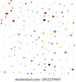 Heart confetti valentine overlay.  Rainbow colored scattered hearts. LGBT valentine card.  Joyfull heart confetti vector illustration