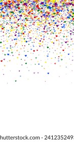 Heart confetti valentine overlay.  Rainbow colored scattered hearts. LGBT valentine card.  Joyfull heart confetti vector illustration